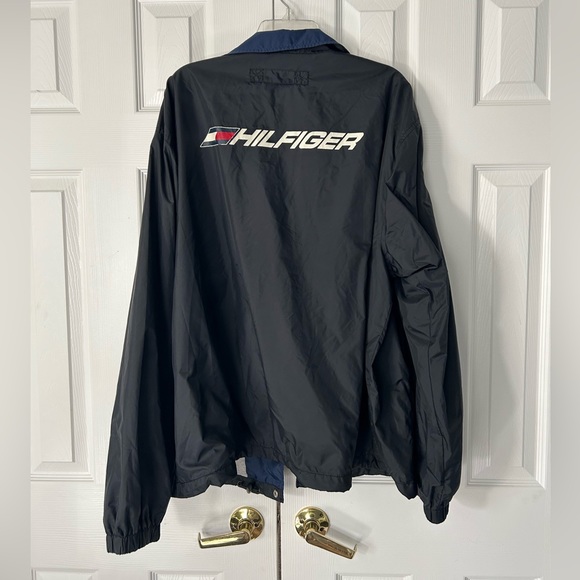 Tommy Hilfiger Vintage Windbreaker Mens XL Black Navy Logo Button Up Collared - Picture 6 of 11